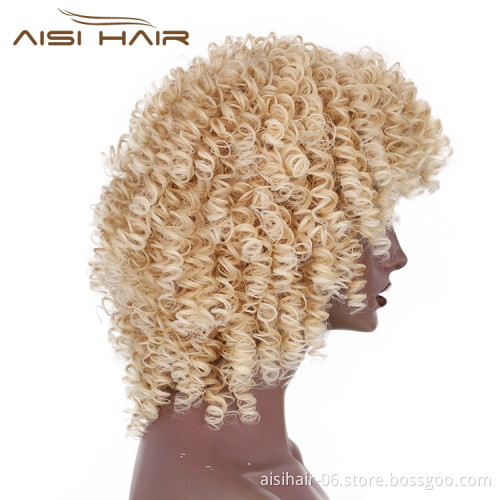 Hot Selling Cheap Heat Resistant Fiber Gluless Afro Clip In Blonde Kinky Curly Short Cheap Synthetic Hair Wigs